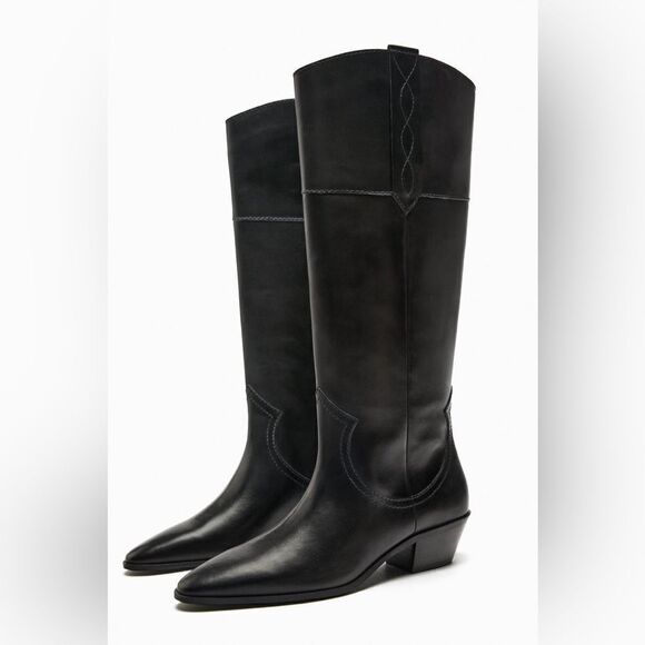 ZARA LEATHER COWBOY BOOTS NEW - Picture 9 of 11